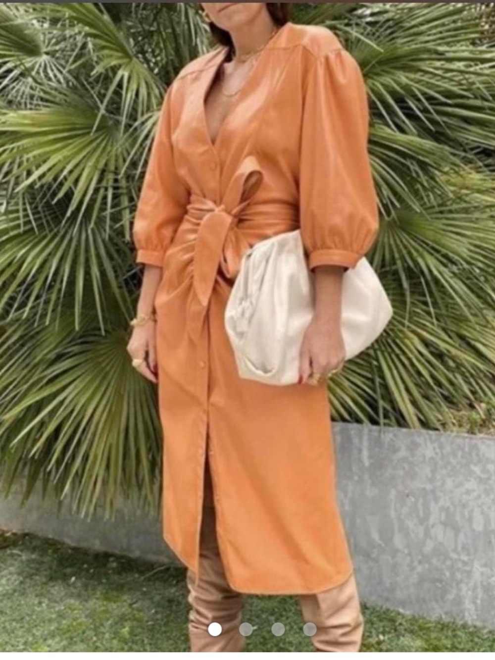 ZARA womans faux leather Orange Tie-Waist Midi Dress with Balloon Sleeves L